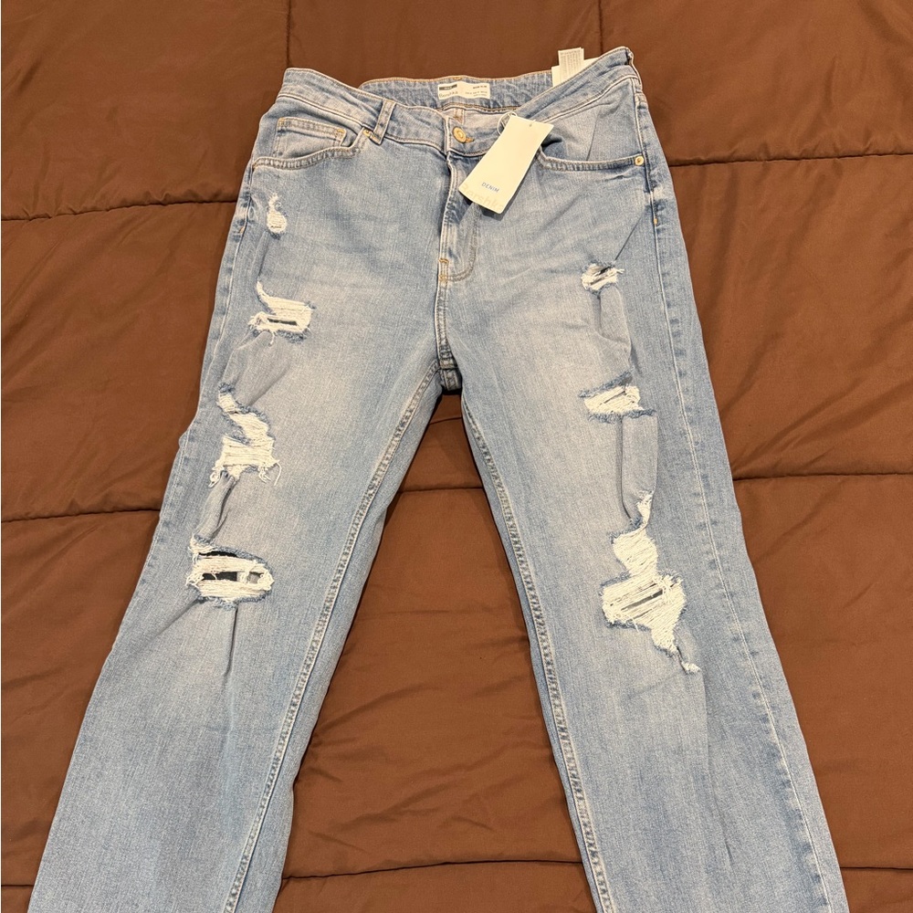 Bershka Light Blue Distressed Straight Leg Jeans